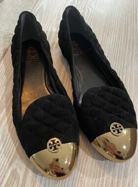 Tory Burch Women's Kaitlin Quilted Suede Ballet Flats Black/Bronze Size 9298